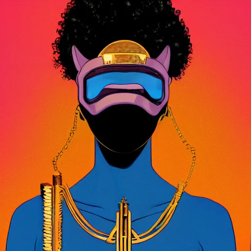 Image similar to afrofuturist woman in a crowded street wearing gold jewelry and a mask that covers the whole face, simple, cyberpunk, far shot, full body shot, 1970s X-Men art style