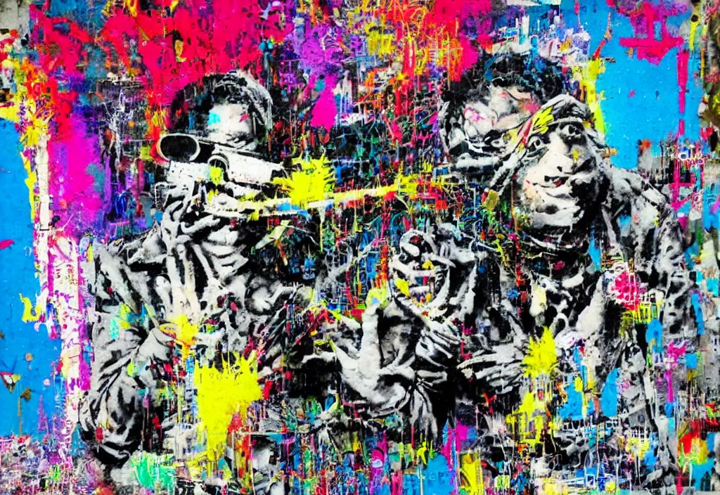 Image similar to full color banksy graffiti anti art, rage against the status quo, detailed, realistic, glitch art effect