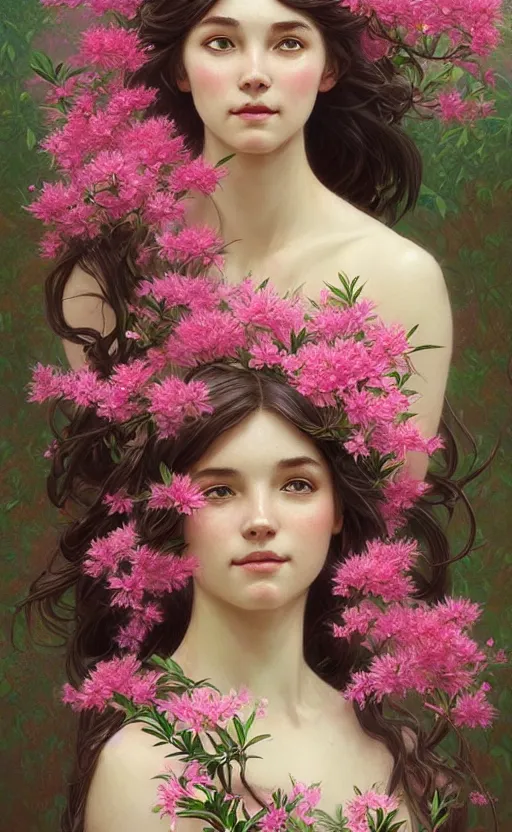 Prompt: portrait of a goddess of azaleas! covered in flowers!, half body, perfect face!!, d & d, fantasy, intricate, elegant, highly detailed, digital painting, artstation, concept art, smooth, sharp focus, illustration, art by artgerm and greg rutkowski and alphonse mucha