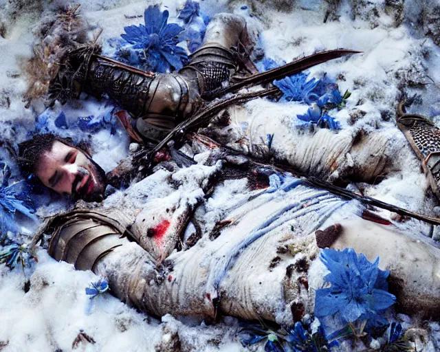 Image similar to Highly realistic oil painting of a wounded knight lying in the snow, surrounded by blue flowers, blood on flowers, by greg rutkowski, highly detailed, cinematic lighting, moody, dark