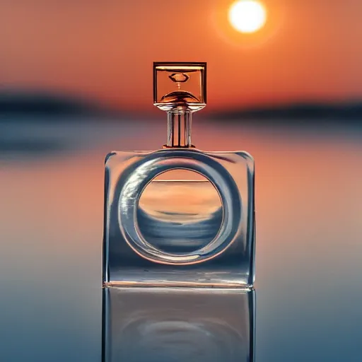 Prompt: centered clear clean perfume sitting in clear, rippling rose - water in a sunset, crisp, surreal photography, illumination lighting, sharp focus, vogue