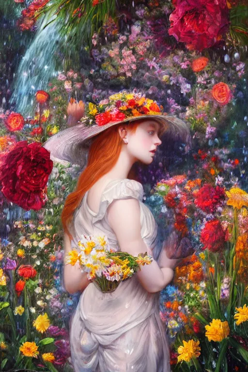 Prompt: oil painting, romanticism, redheaded girl wearing a hat of flowers and dress of fresh flowers, decorated with flowers, waterfall cave, roses, lilies, chrysanthemums, irises, water drops, water jets, overhead light, 4 k, 8 k