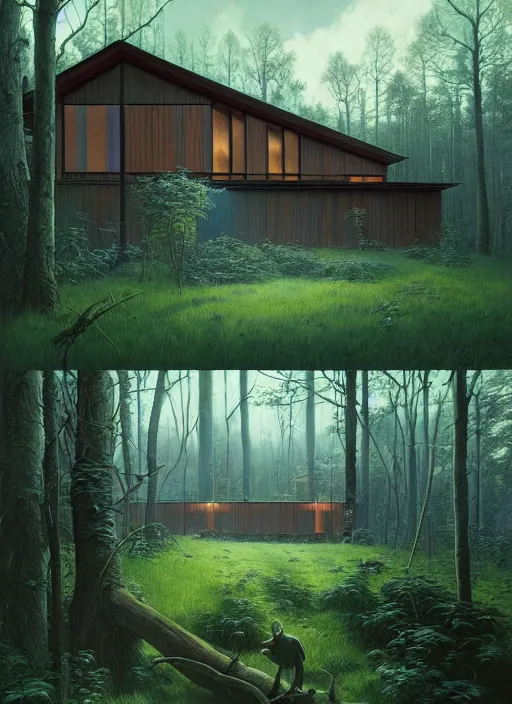 Prompt: hyper realistic witchy modern house with mood lighting and technology in the woods gorgeous lighting, blue sky, highly detailed, lush forest foliage painting by zdzisław beksinski and norman rockwell and greg rutkowski weta studio, and lucasfilm