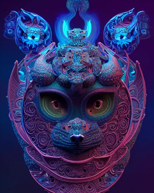 Prompt: 3 d ornate carved dark cosmic kitty with profile portrait, sigma 5 0 0 mm f / 5. beautiful intricate highly detailed quetzalcoatl skull. bioluminescent, plasma, lava, ice, water, wind, creature, thunderstorm! artwork by tooth wu and wlop and beeple and greg rutkowski, 8 k trending on artstation