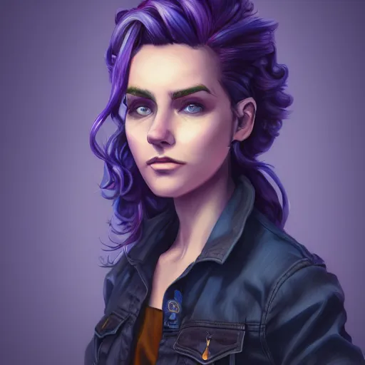 Prompt: an insanely detailed realistic depiction of beautiful abigail from stardew valley wearing black shirt under blue denim jacket, purple hair, detailed blue eyes, in the style of peter mohrbacher, artgerm, dramatic lighting and composition, octane render, trending on artstation, concept art 8 k