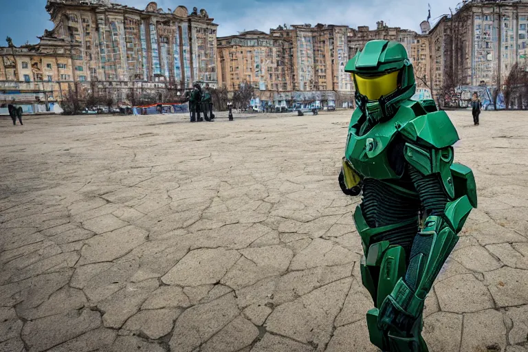 Image similar to wide shot of master chief in ukraine