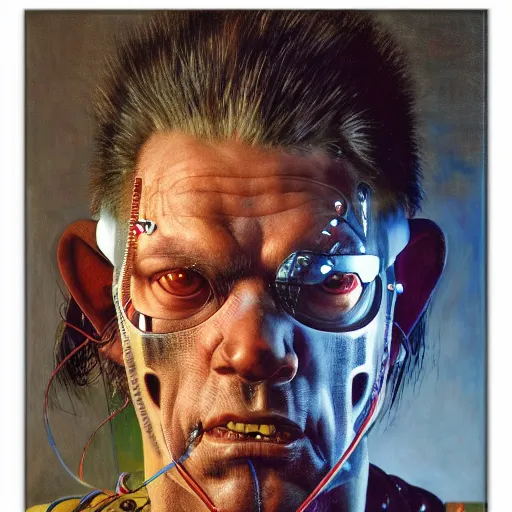 Image similar to cyberpunk orcs, rule of thirds, cinematic lighting, by chuck close, by norman rockwell, hyperrealistic photorealism acrylic on canvas, hyper detailed, mohawk.