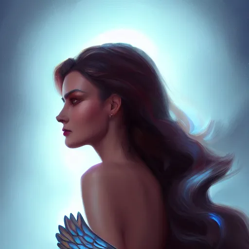Prompt: 3 / 4 view of a portrait of a pretty woman with wings with wings, confident pose, digital painting, artstation, concept art, smooth, sharp focus, illustration, trending on artstation, highly detailed, concept art, moonlight, trending on artstation, imax 7 0 mm, h 6 4 0