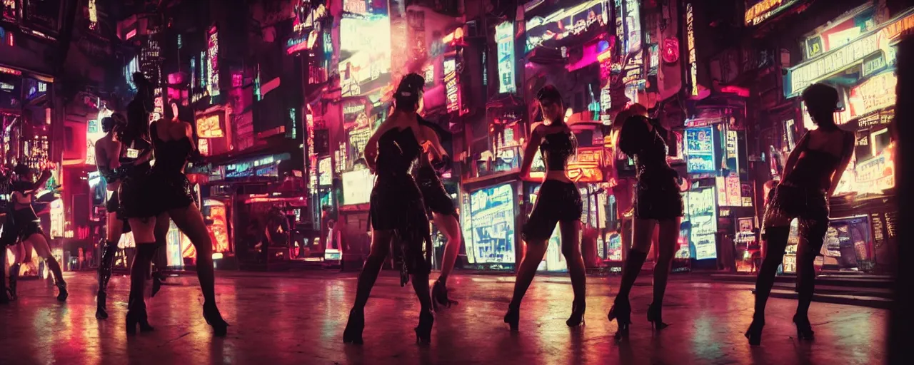 Image similar to gangster in cyberpunk night adult club, 3 5 mm, show. girls dancing, low angle, blade runner, akira, cinematic angle, cinematic lighting, reflections, action, fight