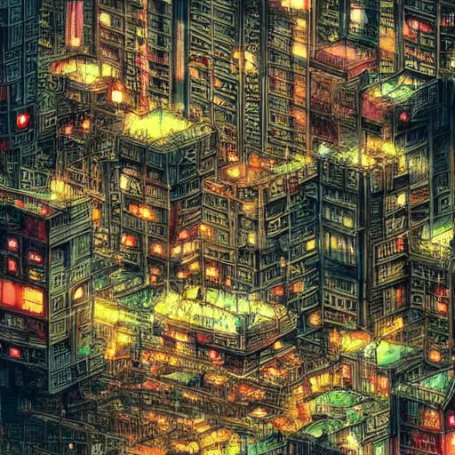 Prompt: “kowloon walled city in cyberpunk anime style”