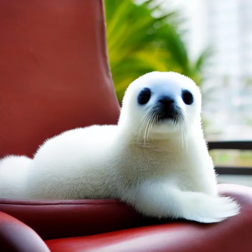 Image similar to a baby harp seal holding a box marked top secret in red letters, sitting on a beautiful leather chair at a luxury resort, palm trees outside the windows, panasonic, photo, gentle bokeh