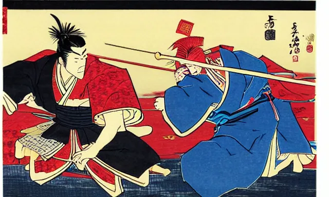 Prompt: samurai joe biden dueling with ronin donald trump in the style of hiroshige, japanese woodblock, classical japanese art, traditional japanese art, highly detailed, beautiful colors, award winning, dark, gritty, ink and watercolor