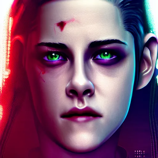 Prompt: kristen stewart portrait, Cyberpunk 2077, cyberpsycho, photorealistic, ultra detailed, neon, octane, bokeh, cyber, feature, scars, cyberface, 8k