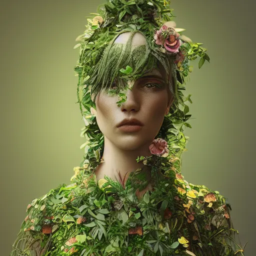 Image similar to beautiful girl in a dress made of plants, beautiful portrait, symmetrical, character concept style trending on artstation concept art detailed octane render cinematic photo - realistic 8 k high detailed