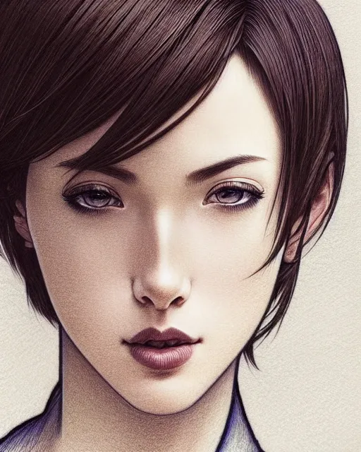 Image similar to ' bored woman with short hair ', closeup shot of face, beautiful shadowing, soft shadowing, reflective surfaces, illustrated completely, 8 k beautifully detailed pencil illustration, extremely hyper - detailed pencil illustration, intricate, epic composition, masterpiece, bold complimentary colors. stunning masterfully illustrated by artgerm, range murata, alphonse mucha, katsuhiro otomo.