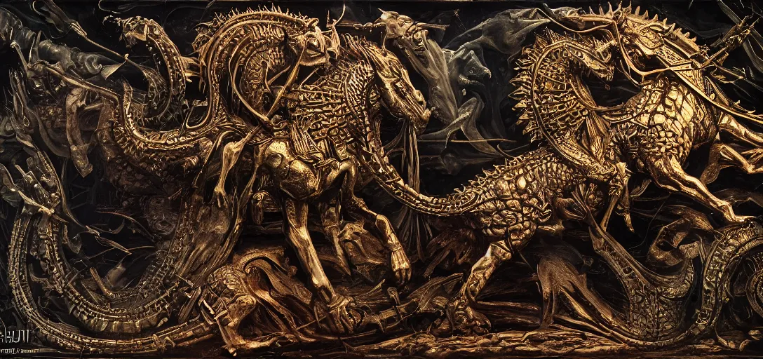 Prompt: St. George And The Dragon by H.R. Giger, full complete scene, detailed, ornate, sharp focus, accurate, intricate, award wining, original modern artwork, ethereal Light, rgb, ethereal lighting, 4K