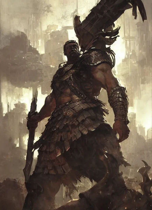 Image similar to ancient historically accurate depiction of the Bible Character Goliath of Gath, the Philistine warrior giant in ancient persian chainmail armor, dramatic lighting art by Yoji Shinkawa by Richard Schmid by greg rutkowski by Sandra Chevrier by Jeremy Lipking cinematic dramatic