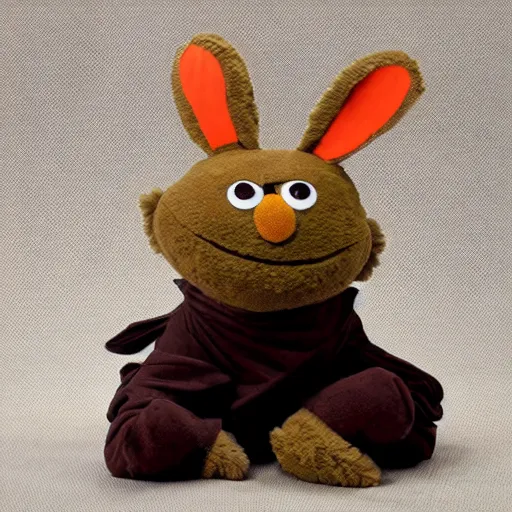 Prompt: a fighting monk class brown colored rabbitfolk muppet plush wearing a ninja uniform, sesame street