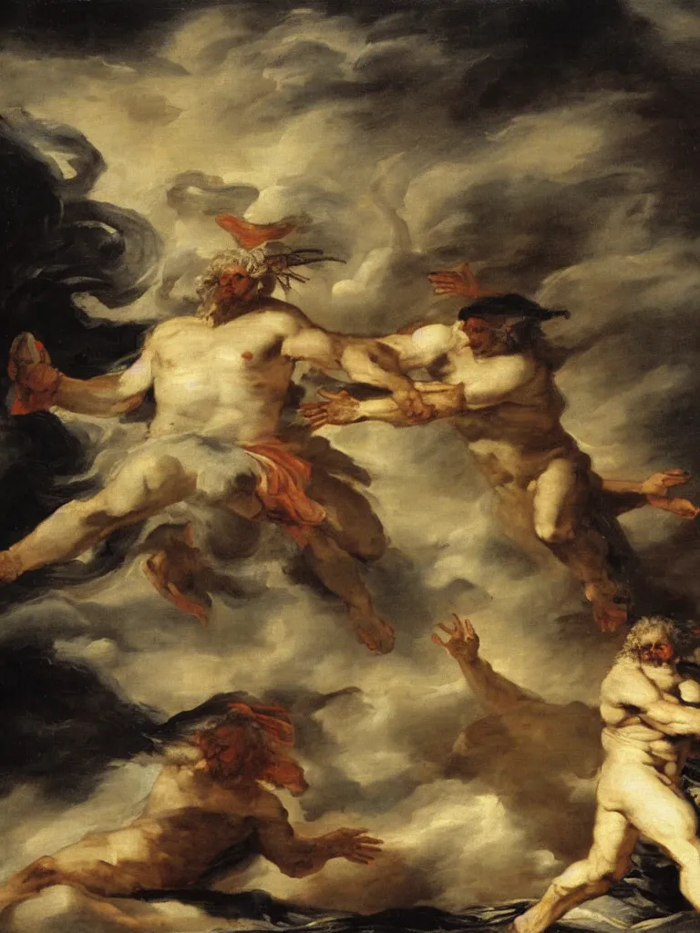 Prompt: zeus vs odin by francisco goya, detailed mythological painting, oil painting