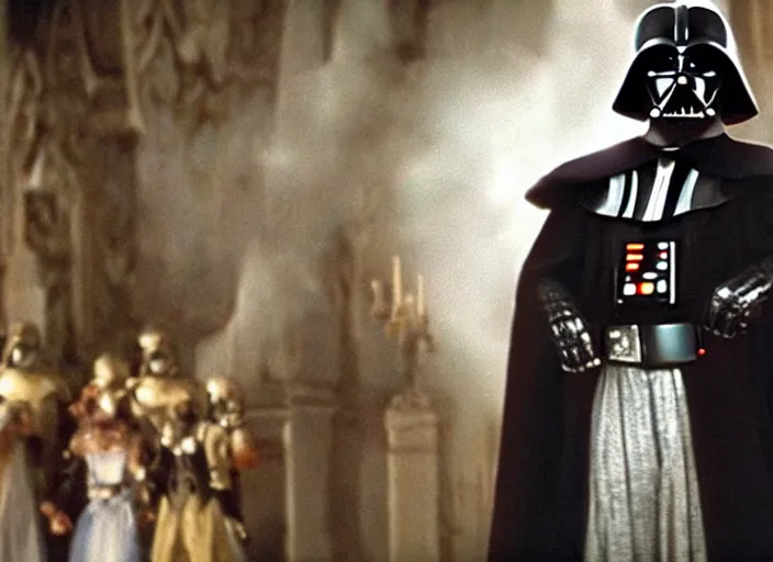 Prompt: film still of Darth Vader dancing as Beast in Beauty and the Beast,