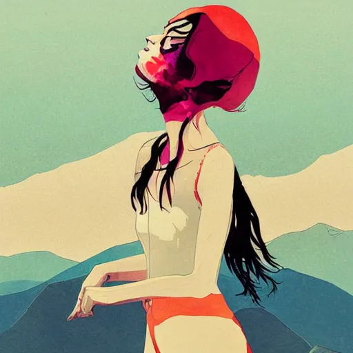 Image similar to girl chilling on a mountain with a nuclear explosion in the background, by conrad roset, digital art