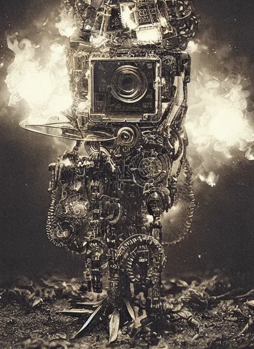 Image similar to old wetplate daguerreotype portrait of futuristic robot on fire, explosion of data fragments, fractal, intricate, elegant, highly detailed, parallax, leica, medium format, subsurface scattering, by jheronimus bosch and greg rutkowski and louis jacques mande daguerre