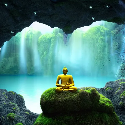 Prompt: a buddha meditating in a dreamy cave and overlooking a vast plain, mossy rocks, a sky full of stars background, 4 k, hyper realistic, in he style of national geographic, coherent design, symmetrical, vivid colour, complementary colour, golden ratio, detailed, sharp lines, intricate, rainbow shift, in unreal 3 d engine, ray tracing, octane render