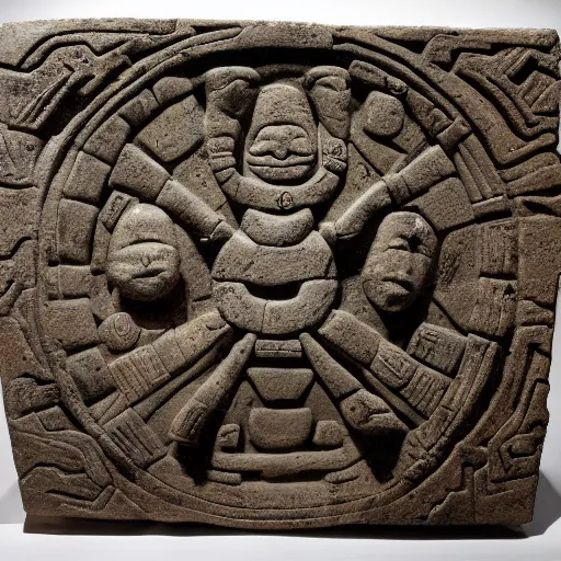 Image similar to decorative stone panel depicting ufo. Mayan artifact by Pacal Votan. 4K high quality museum collection photograph