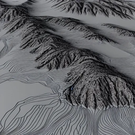 Image similar to contour map of a scottish mountain, 3 d, furnished with trees, snow patches, rivers, realistic