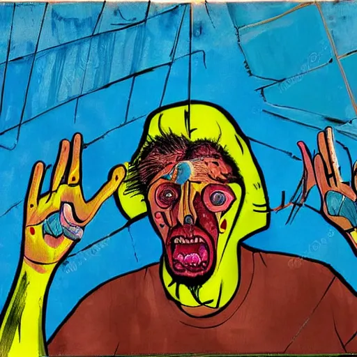 Image similar to selfie, radiation eats a funny ugly ukrainian alive wild pain and despair, painted in dirty yellow - blue colors against the backdrop of a huge nuclear explosion