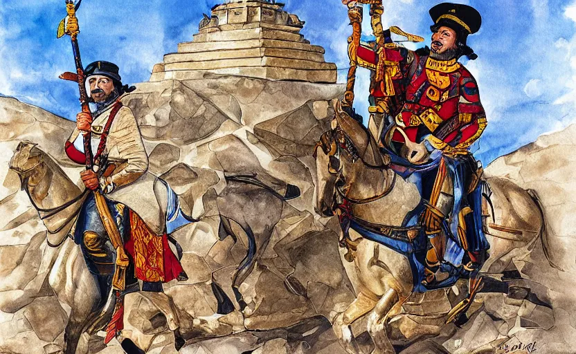 Image similar to smiling spanish conquer soldier holding golden cup on a inca temple, highly detailed, digital painting