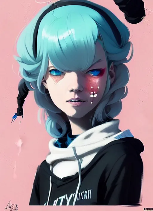 Prompt: highly detailed portrait of a urban punk lady student, blue eyes, hoodie, white hair by atey ghailan, by greg rutkowski, by greg tocchini, by james gilleard, by joe fenton, by kaethe butcher, gradient cyan, black, brown and pink color scheme, grunge aesthetic!!! ( ( graffiti tag wall background ) )