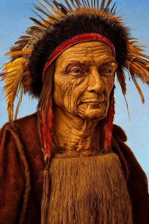 Image similar to hyperrealism close-up portrait of an ugly old man and lama in War bonnet in style of da Vinci