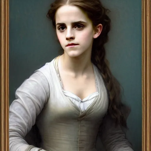 Image similar to Painting of Emma Watson as Hermione Granger. Green eyes. Art by william adolphe bouguereau. At night time. Extremely detailed. Beautiful. 4K. Award winning.