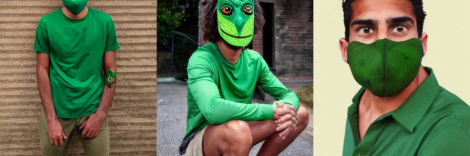 Prompt: Portrait of an athletic and deeply tanned 25 years old man, with green chameleon eyes and a very long reptilian tongue, wearing a green domino mask and wearing a dark green shirt
