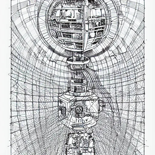 Image similar to Simplistic coloring book of a turbine blueprint, black ball pen on white paper, by Josan Gonzalez and Geof Darrow