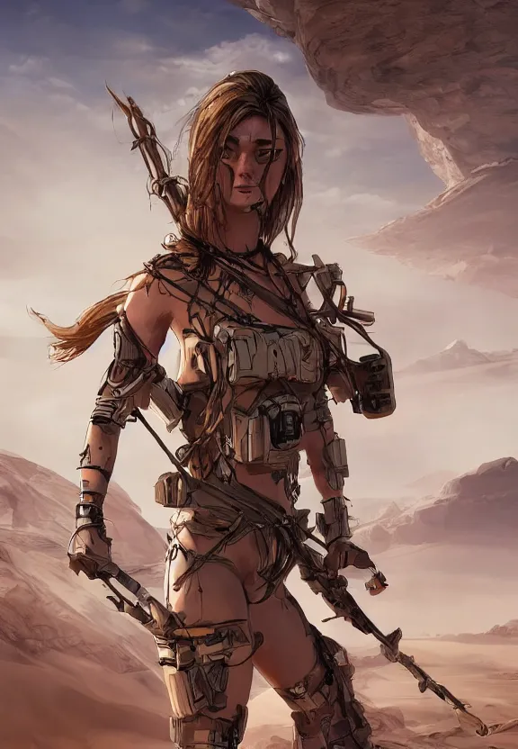 Image similar to scavenger girl hunting in the desert concept art, symmetrical, rule of three, detailed body, detailed face, ultradetailed digital illustration, 8 k, epic atmosphere, digital art by dang my linh and simon cowell