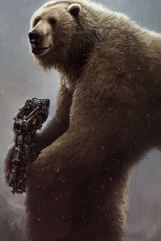 Prompt: a portrait of a mechanical Bear by Greg Rutkowski, Sung Choi, Mitchell Mohrhauser, Maciej Kuciara, Johnson Ting, Maxim Verehin, Peter Konig, final fantasy , mythical, 8k photorealistic, cinematic lighting, HD, high details, atmospheric,