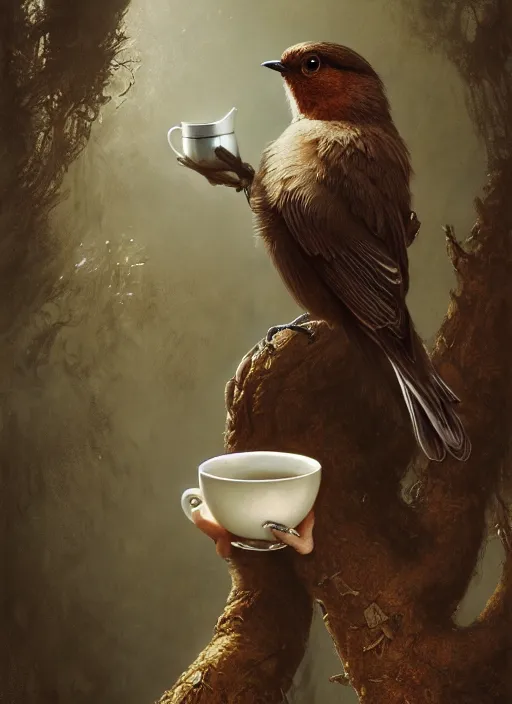 Image similar to a bird holds a cup of tea in its hands, hyperrealism, no blur, 4 k resolution, ultra detailed, style of tyler edlin, tom bagshaw, arthur rackham, ivan shishkin