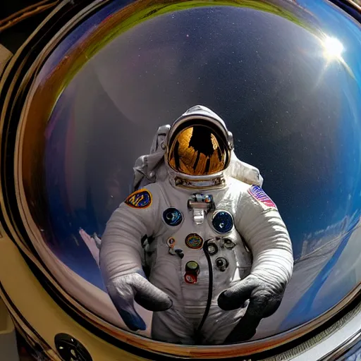 Image similar to wide angle pinhole photo of an astronaut infinite helmet award winning national geographic, space monster can be seen in the helmet reflection