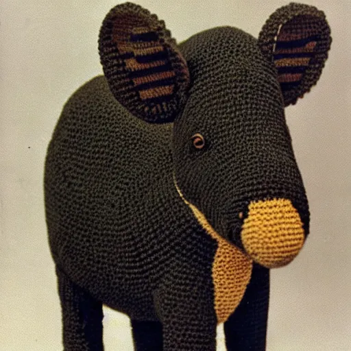 Prompt: a crocheted tapir, 1 9 8 0 s catalogue photo