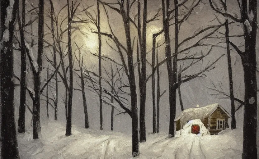 Prompt: snowy forest night scene depicting a single wooden cabin surrounded by the woods with one bright window. a man running away from it leaving footprints in snow. horror. dark contrast. oil painting.