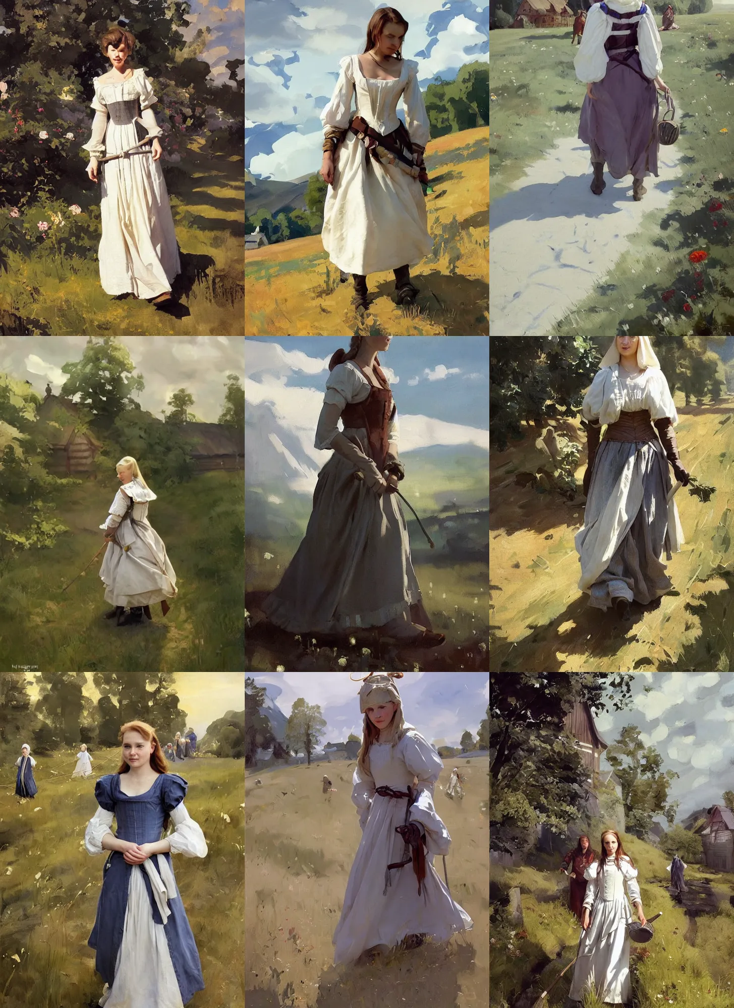 Prompt: finnish norway scandinavian attractive village maiden wearing stays with sleeves in 1 6 6 0 walking in the field, jodhpurs greg manchess painting by sargent and leyendecker, studio ghibli, fantasy, medium shot, asymmetrical, intricate, elegant, matte painting, illustration, hearthstone, by greg rutkowski, by greg tocchini, by james gilleard, by joe fenton