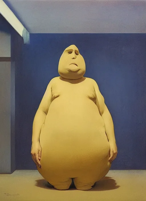 Prompt: large fat man in dress made from plastic bag with paper bags for clothes standing inside paper bags with paper bag over the head at store display Edward Hopper and James Gilleard, Zdzislaw Beksinski, highly detailed