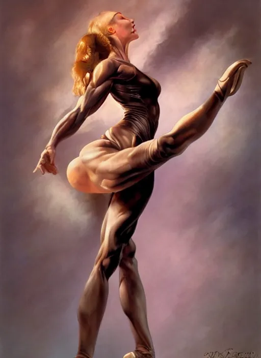 Image similar to muscular ballerina tight clothes that are tearing at the seams, digital painting, trending on artstation, 8 k wallpaper, frank frazetta, boris vallejo and julie bell