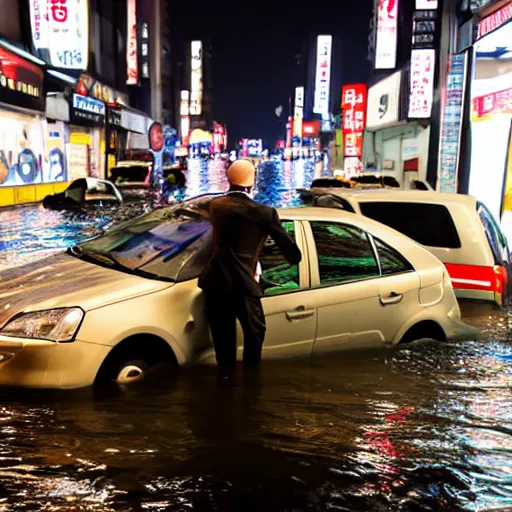 Image similar to seoul city is flooded by heavy rain. A guy with suit is sitting on the top of the A car is middle of the street flooded.