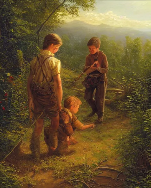 Prompt: an oil painting of a young, poor peasant brother and sister in the forest, by thomas kincade, ivan shiskin, and james gurney