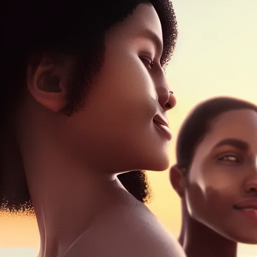 Image similar to beautiful serene intricate portrait of identical twins, one is black and one is white, taking a selfie, smiling softly, relaxing on the beach, golden hour, soft focus, 8 k, art by irakli nadar, hyperrealism, hyperdetailed, ultra realistic