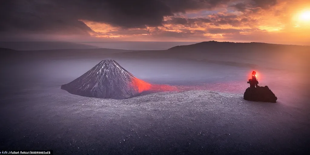 Prompt: amazing landscape photo of a scuba diver!!! standing on the volcano crater at sunrise by Charlie Waite and Marc Adamus beautiful dramatic lighting, surrealism