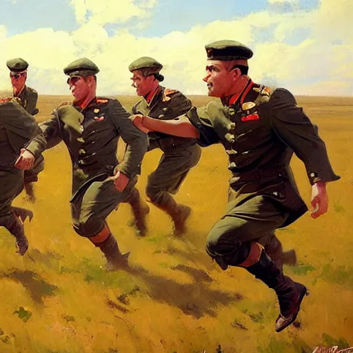 Image similar to greg manchess painting of a group of men running in a field wearing military uniform, painting, trending on artstation, by huang guangjian and gil elvgren and sachin teng